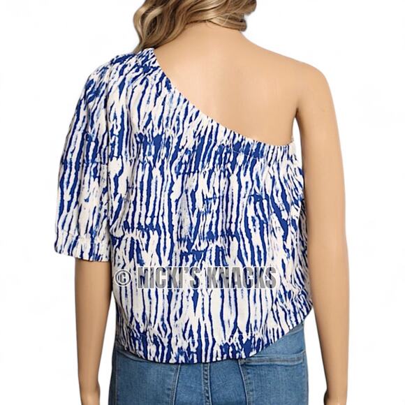 Rails Jayla One Shoulder Puff Sleeve Cobalt Shibori Blue White Top Size M - Picture 6 of 10